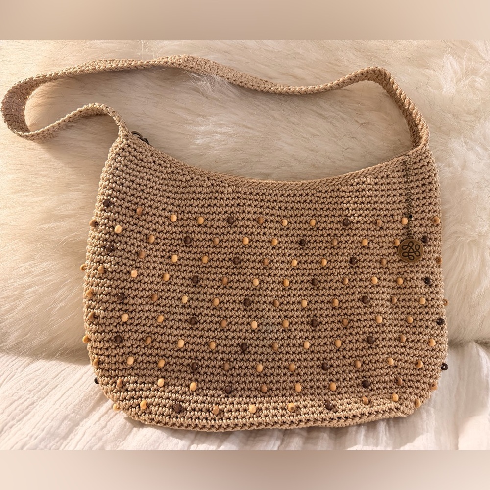 The Sak Crochet Beaded Shoulder Bag in Tan/ Khaki